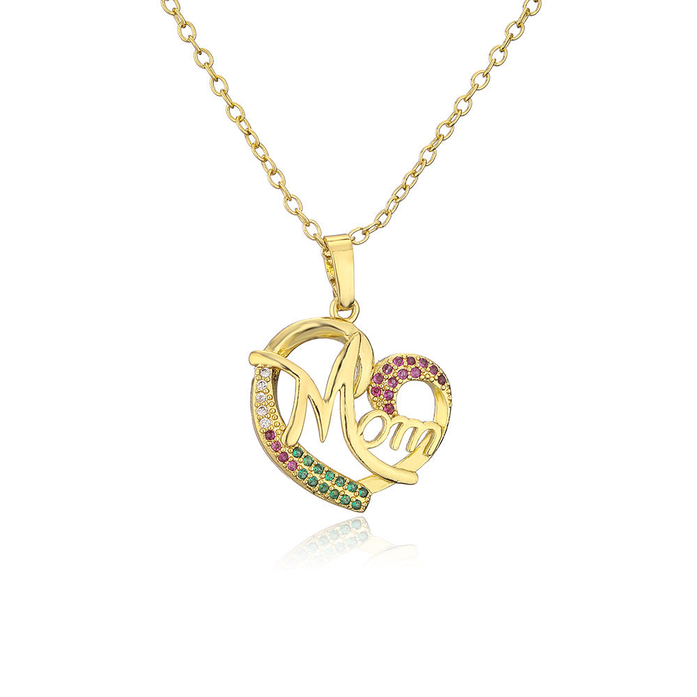 Geometric Heart-Shaped Copper Pendant Necklace with Gold Plating and Zircon Inlay for Mother's Day Gift