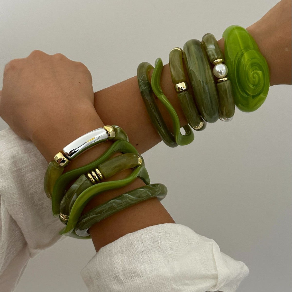 Minimalist Vintage Geometric Drip Oil Acrylic Bamboo Joint Cuff Bracelet Set