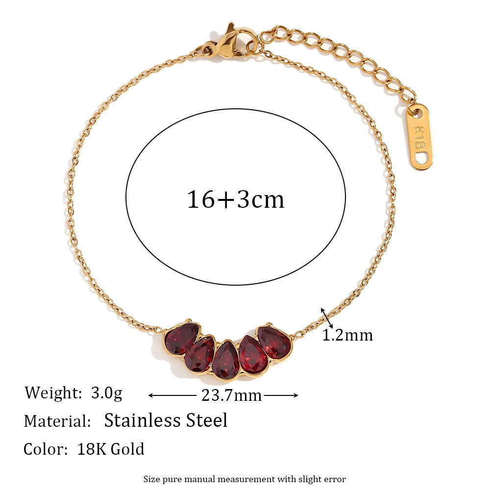 Bracciale da donna alla moda vintage geometrico in acciaio inossidabile placcato oro 18 carati con strass rossi a forma di melograno