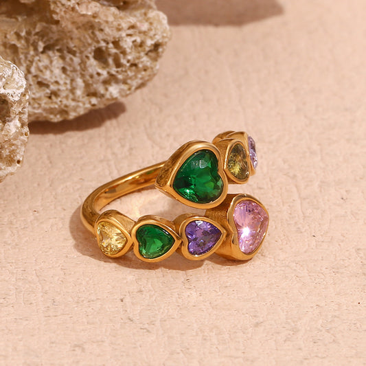 Fashionable Heart-Shaped Stainless Steel Ring with 18K Gold Plating and Zircon Inlay for Women