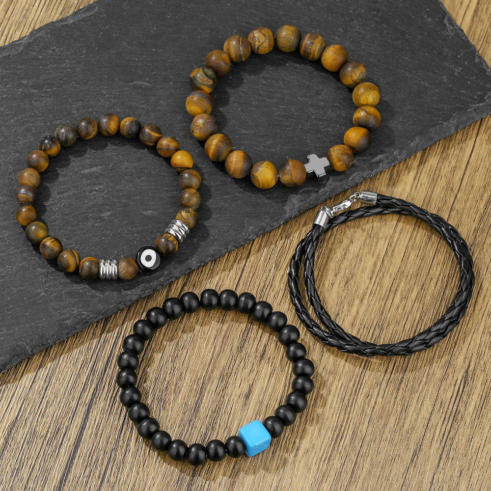 Vintage Geometric Tiger's Eye and Hematite Leather Bracelet Set with Cross Charm for Men and Women