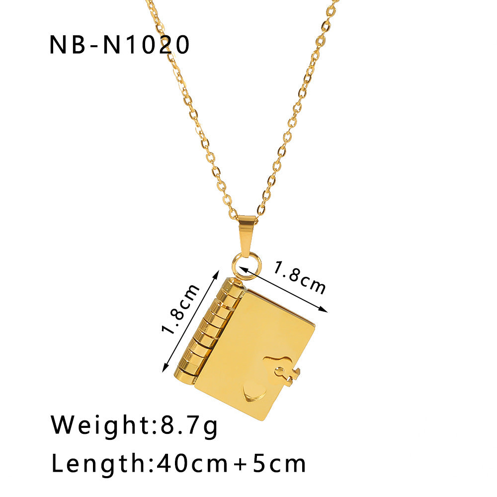 Collana minimalista a forma di libro da donna con catena in acciaio inossidabile e chiusura a cuore in acciaio al titanio placcato in oro 18 carati
