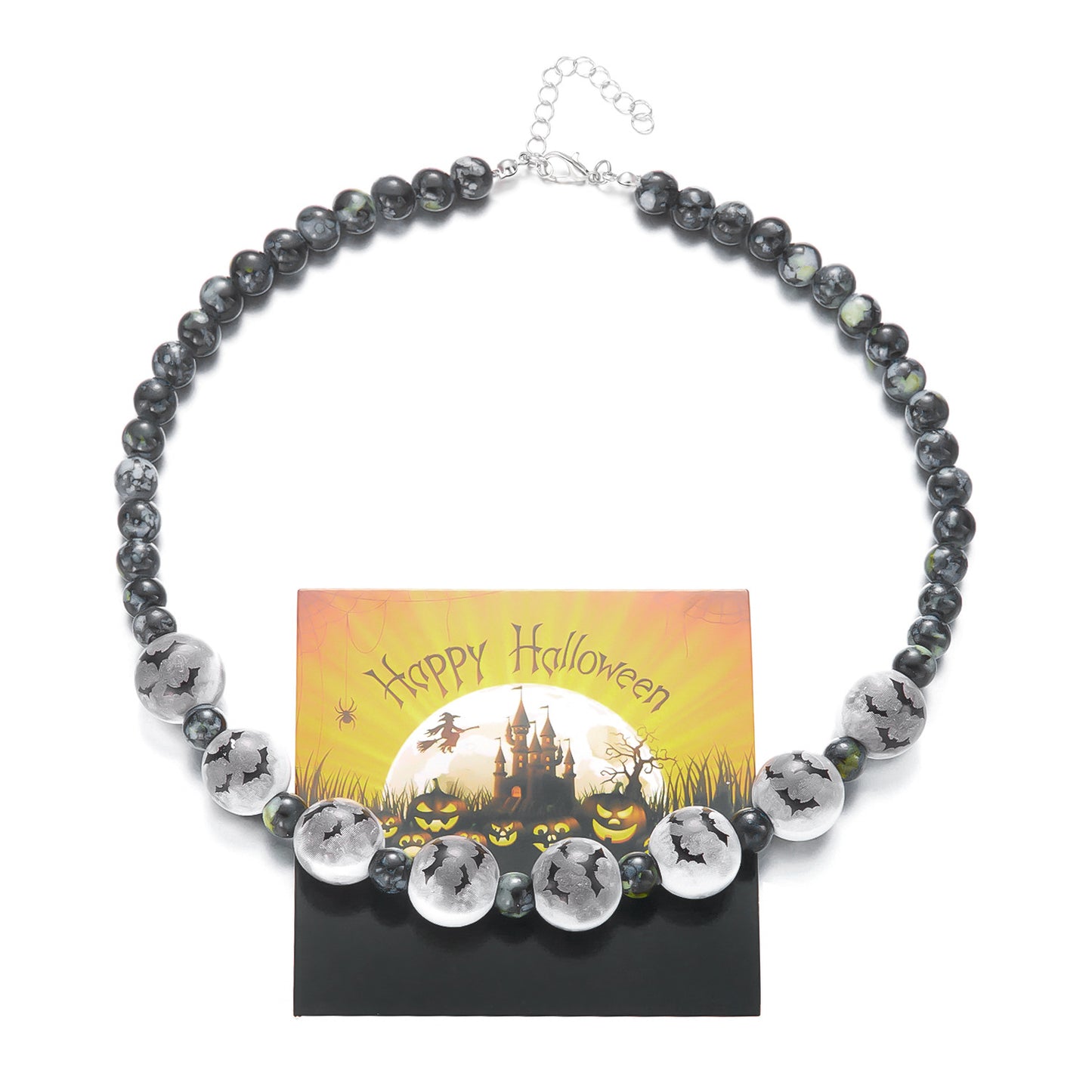 Bracciale con ciondolo a pipistrello fantasma di zucca di Halloween bohémien da donna con perline di legno e lavorazione artigianale