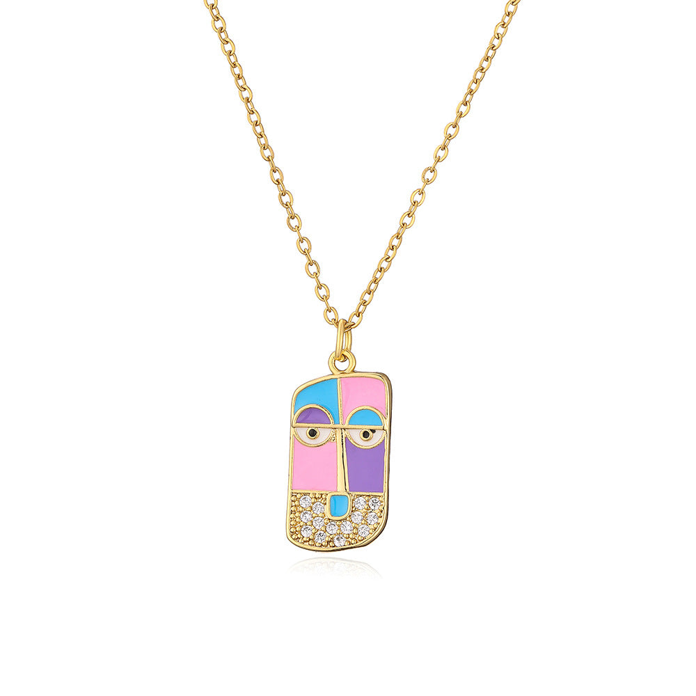 Collana con ciondolo in rame geometrico creativo placcato oro con intarsio di strass e design a ritratto smaltato per donna
