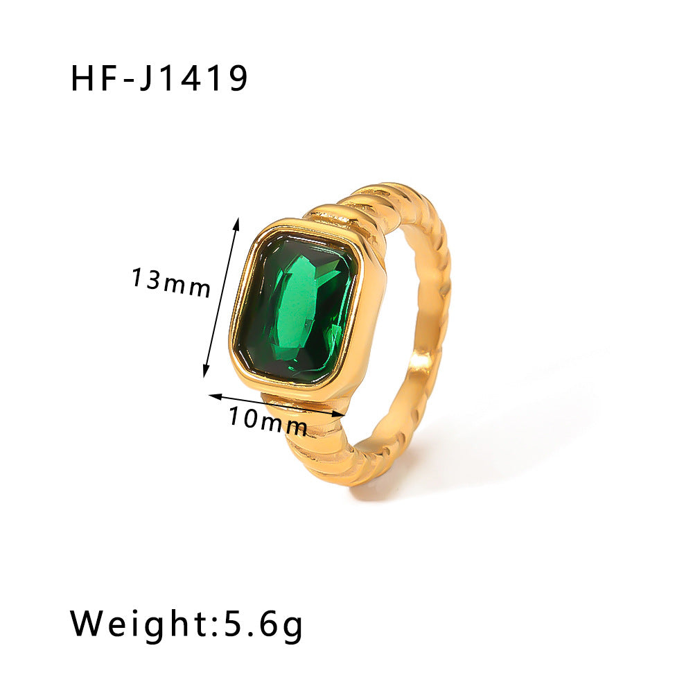 Anello Minimalista Geometrico Smeraldo Verde Strass da Donna in Acciaio Inossidabile Placcato Oro 18K