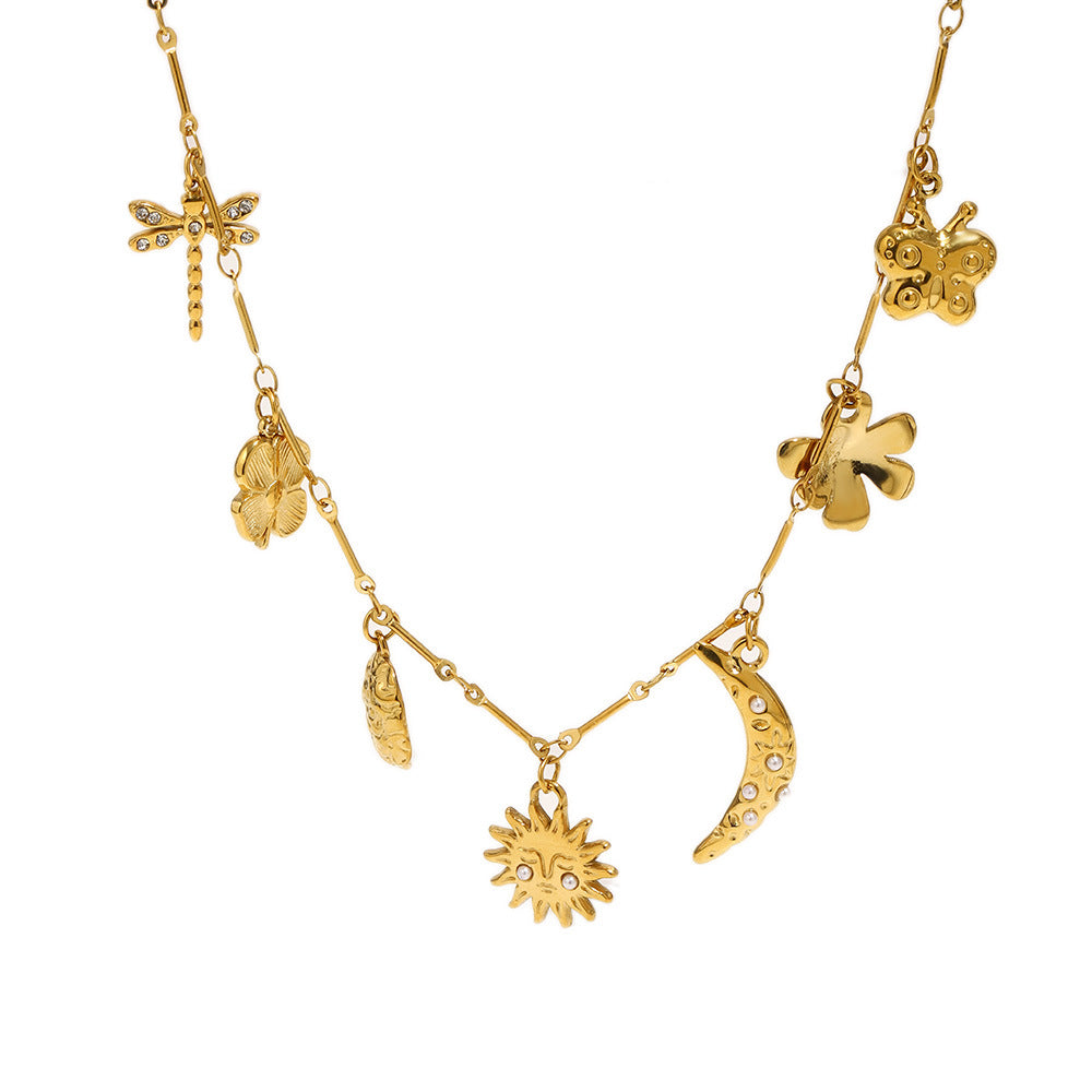 Elegant Luxury 18K Gold Plated Stainless Steel Moon Floral Pendant Necklace for Women