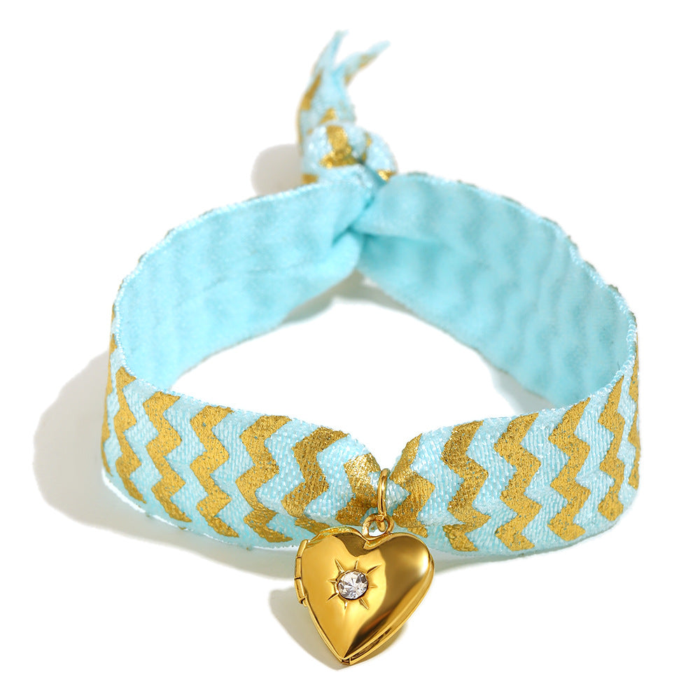 Minimalist Heart-Shaped Stainless Steel Plated 18K Gold Blue Ribbon Photo Locket Bracelet for Women