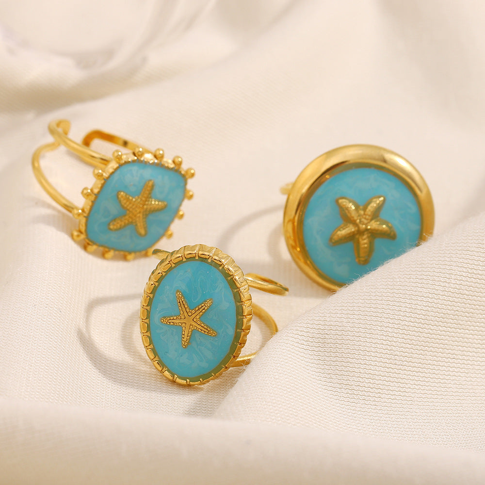 Anello da donna in acciaio inossidabile con placcatura in oro 18 carati e design a stella in smalto, ispirato al vintage