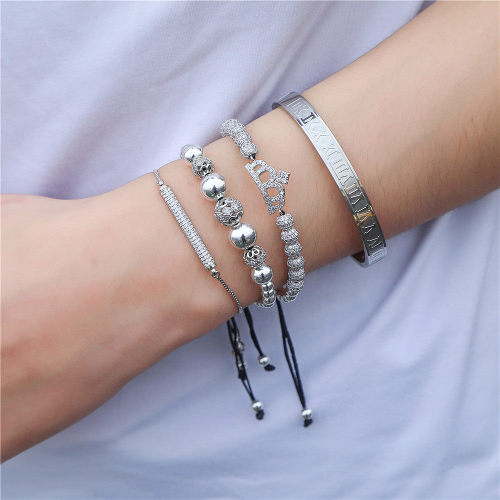 Geometric Roman Letter Crown Woven Titanium Steel C-Shape Open Bangle Bracelet Set for Women