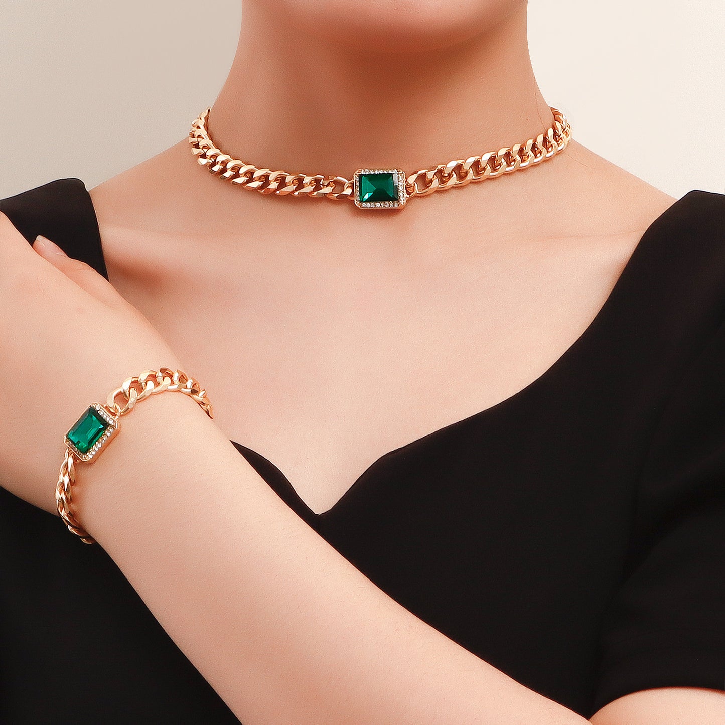 Vintage Geometric Green Agate-Style Cubic Zirconia Necklace Set for Women Alloy Pendant with Plated Finish