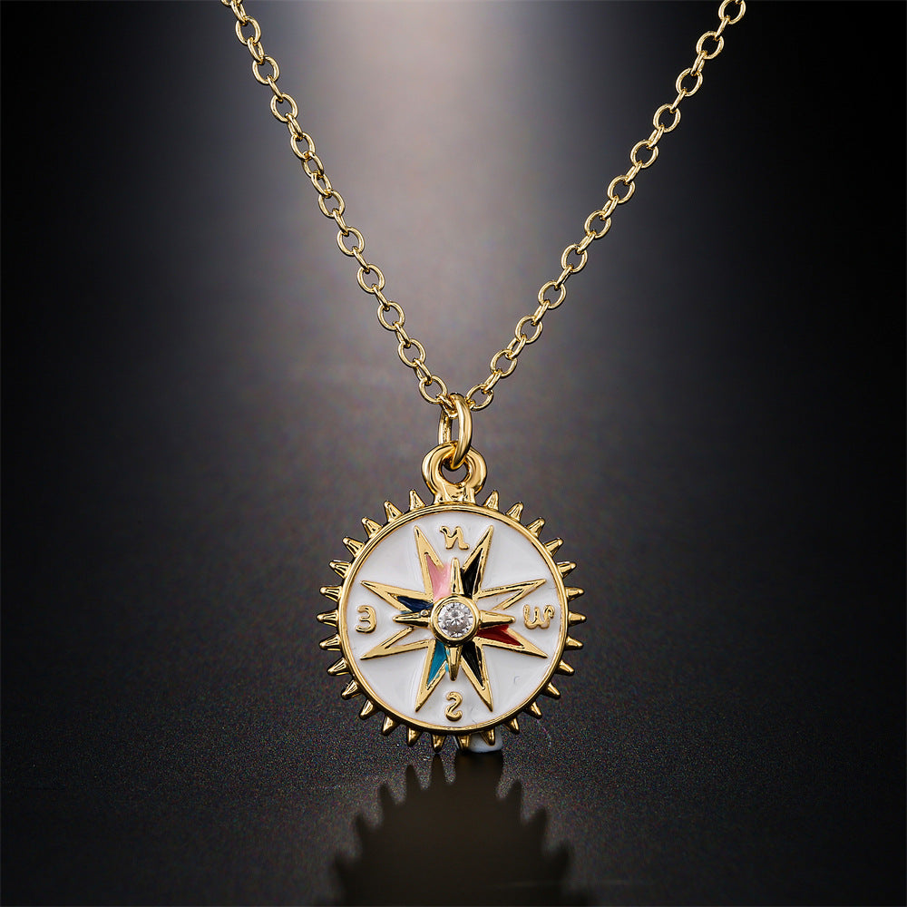 Casual Geometric Drip Oil Gold Plated Brass Compass Pendant Necklace with Cubic Zirconia