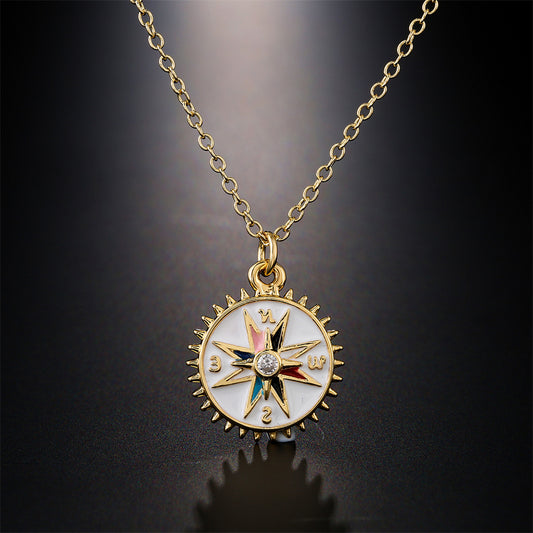 Casual Geometric Drip Oil Gold Plated Brass Compass Pendant Necklace with Cubic Zirconia