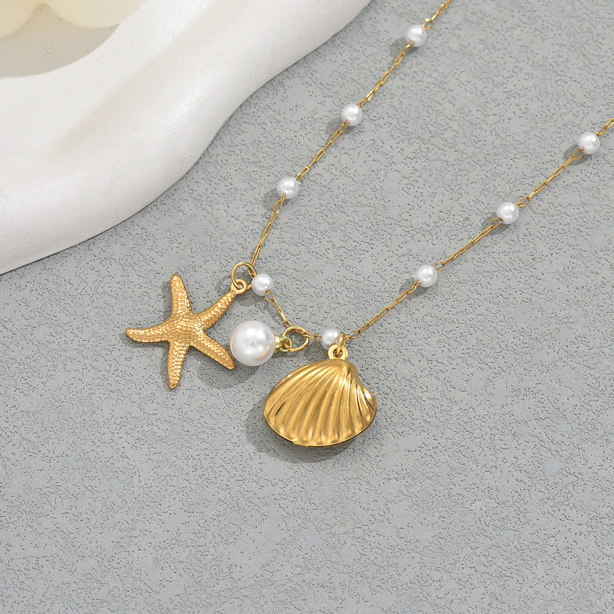 Collar de Cobre con Forma de Estrella Inspirado en el Océano con Incrustaciones de Perlas para Mujer, Cadena Larga de Clavícula con Colgante Estilo Playero
