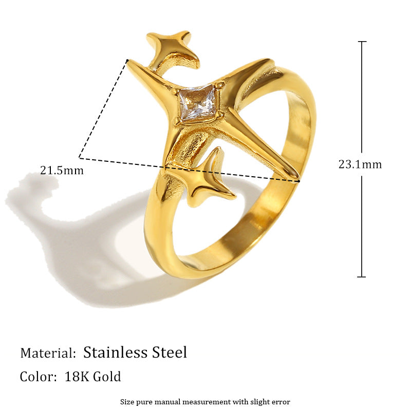 Minimalist Geometric Stainless Steel Ring with 18K Gold Plating and Star-Shaped Cubic Zirconia for Women