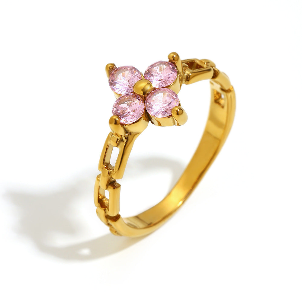 Anello Minimalista Geometrico in Acciaio Inox con Placcatura in Oro 18K e Dettagli in Zirconi per Donna
