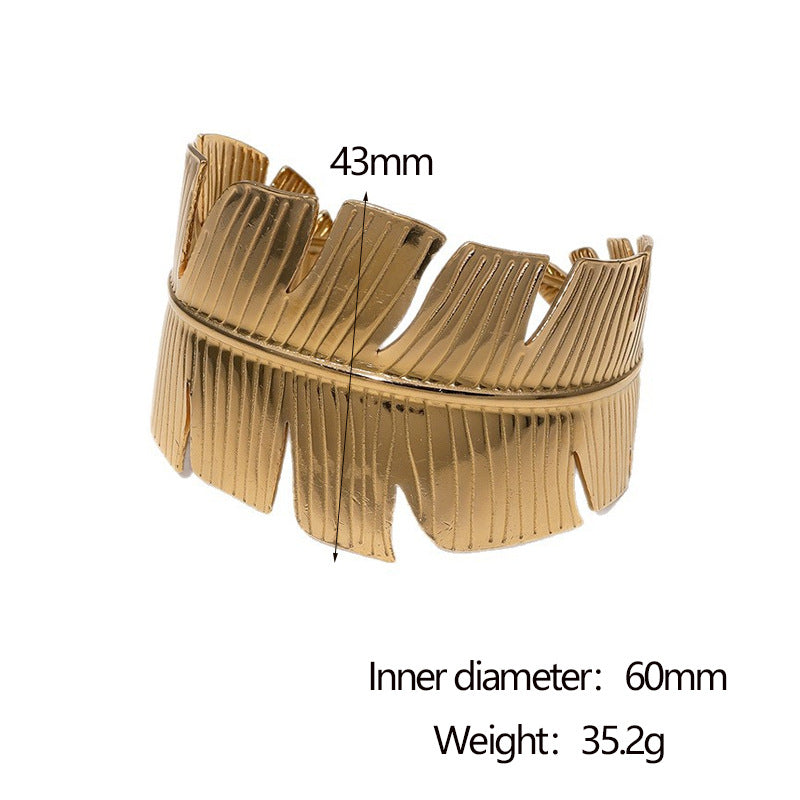Bracciale rigido a fascia larga a forma di foglia in acciaio inossidabile placcato oro 18 carati, stile minimalista