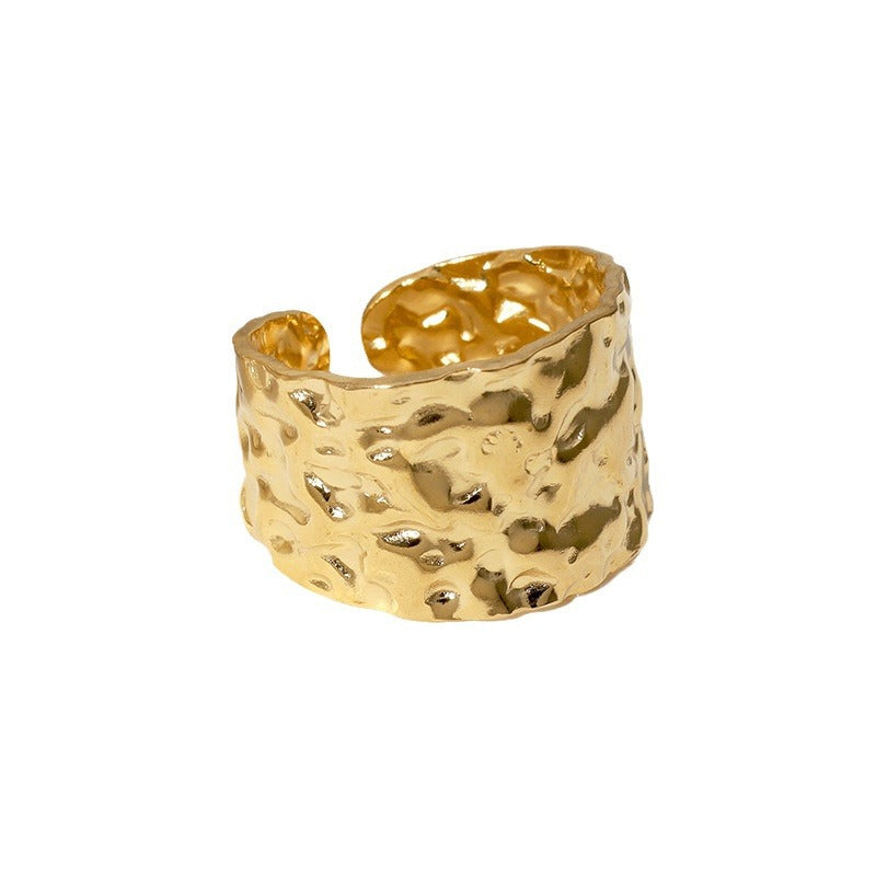 Minimalist Irregular Hammered Texture Titanium Steel Open Ring for Women with 18K Gold Plating