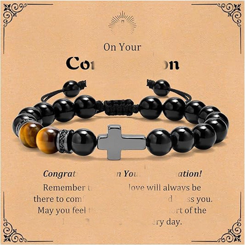 Luxury Matte Tiger's Eye Cross Pendant Beaded Bracelet Unisex Geometric Round Charm