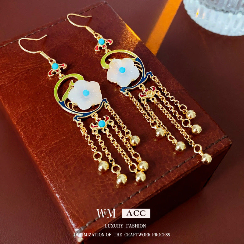 Vintage Floral Earrings with Enamel Finish and Tassel Detail in Alloy with 925 Silver Hooks for Women
