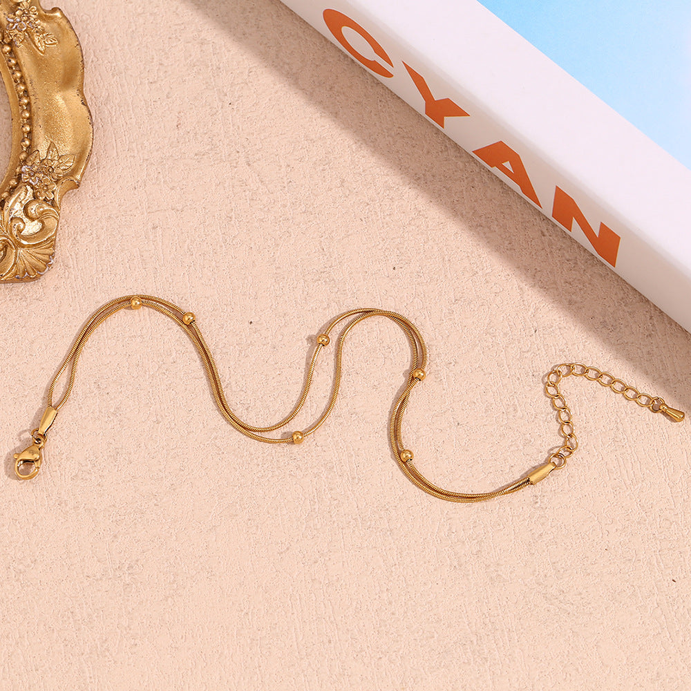 Minimalist Fashion Women's Stainless Steel Plated 18K Gold Double-Layer Round Bead Snake Chain Bracelet