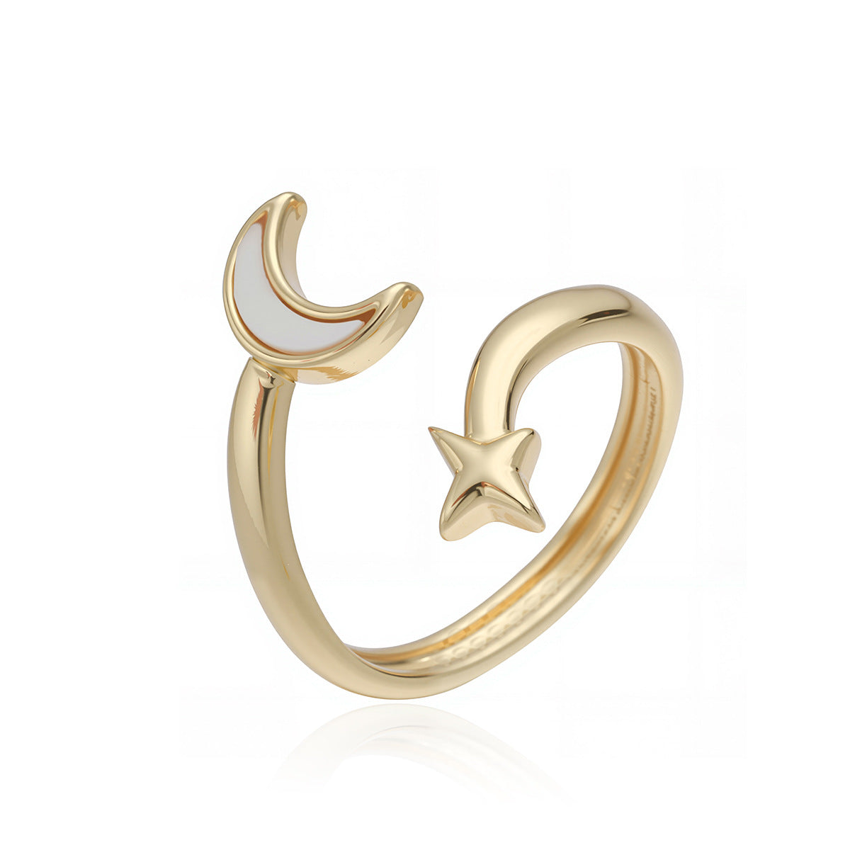 Minimalist 18K Gold Plated Brass Ring with Micro-Inlaid Shell Star Moon and Heart Geometric Design for Women