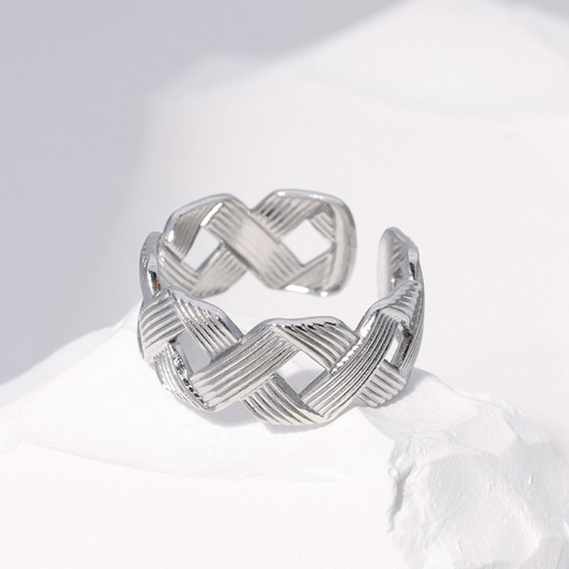 Minimalist Titanium Steel Leaf and Heart Shape Open Ring for Women with Plated Finish