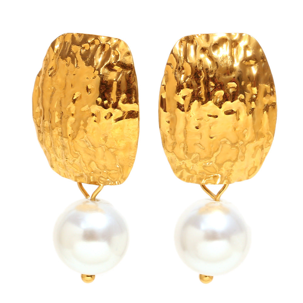 Orecchini a perno da donna alla moda, vintage, geometrici, in acciaio inossidabile con placcatura in oro 18K e texture martellata con accenti di perle