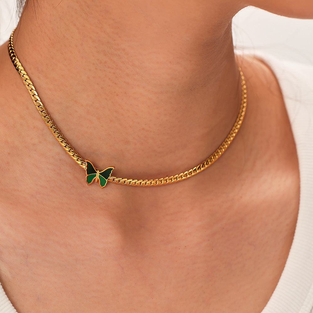 Vintage French Style Green Butterfly Pendant Necklace in Stainless Steel with 18K Gold Plating on Snake Chain for Women