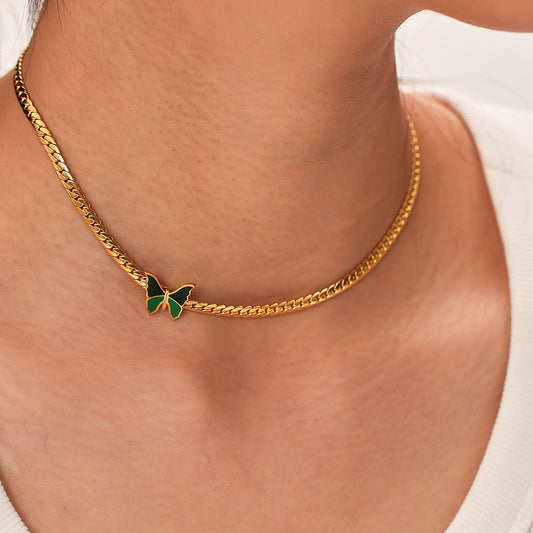 Vintage French Style Green Butterfly Pendant Necklace in Stainless Steel with 18K Gold Plating on Snake Chain for Women
