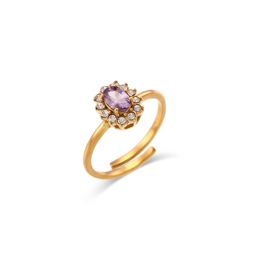 Minimalist Luxe Oval-Shaped Stainless Steel Plated 18K Gold Adjustable Ring with Cubic Zirconia