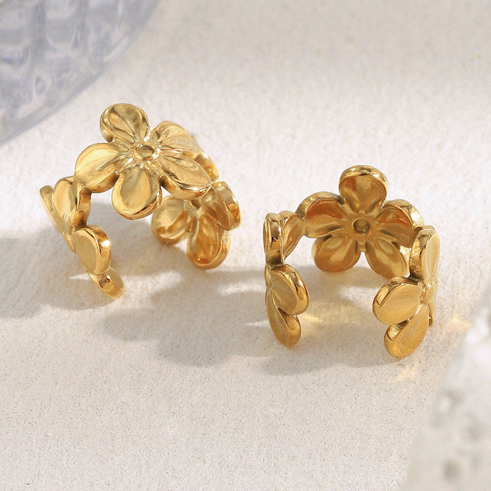 Orecchini a Clip da Donna a U Placcati Oro 18K in Acciaio Inossidabile con Fiori Geometrici Stile Vintage alla Moda