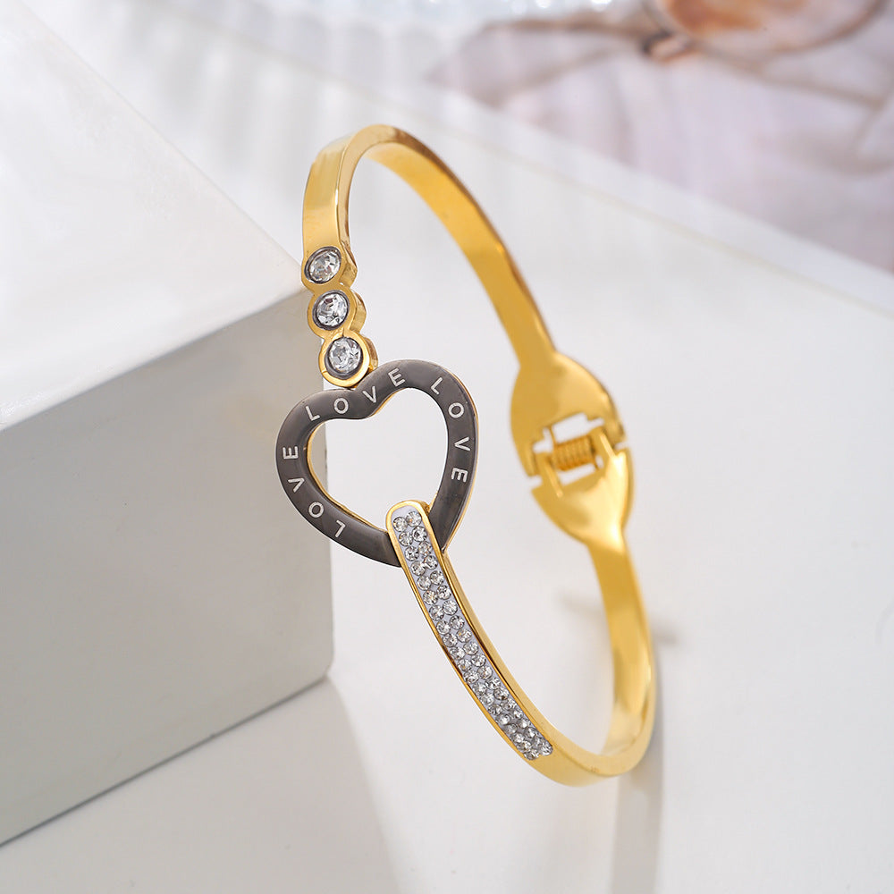 Hollow Rhinestone Drip Oil Heart Geometric Titanium Steel Bracelet Unisex