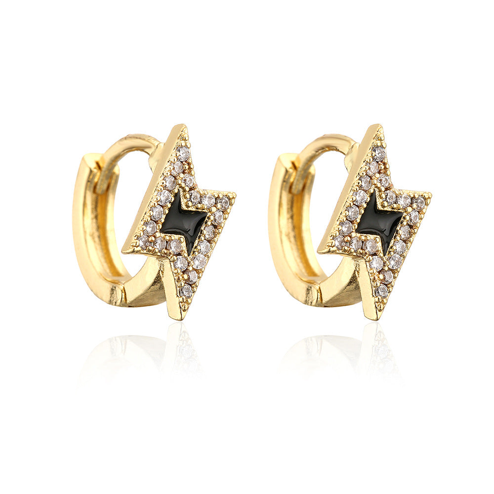 Orecchini minimalisti geometrici in rame con placcatura in oro 18 carati e design a fulmine in zircone smaltato da donna