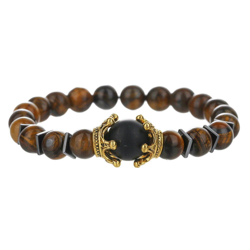 Luxury Punk Geometric Alloy Crown Bracelet with Tiger Eye and Hematite for Men and Women
