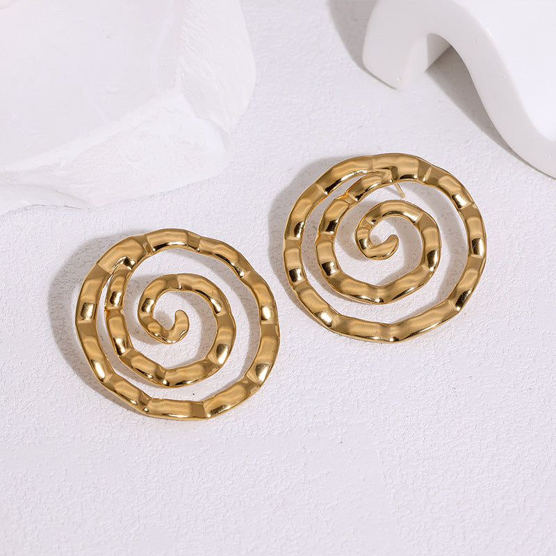 Minimalist 18K Gold Plated Round Stainless Steel Earrings with Spiral Pattern