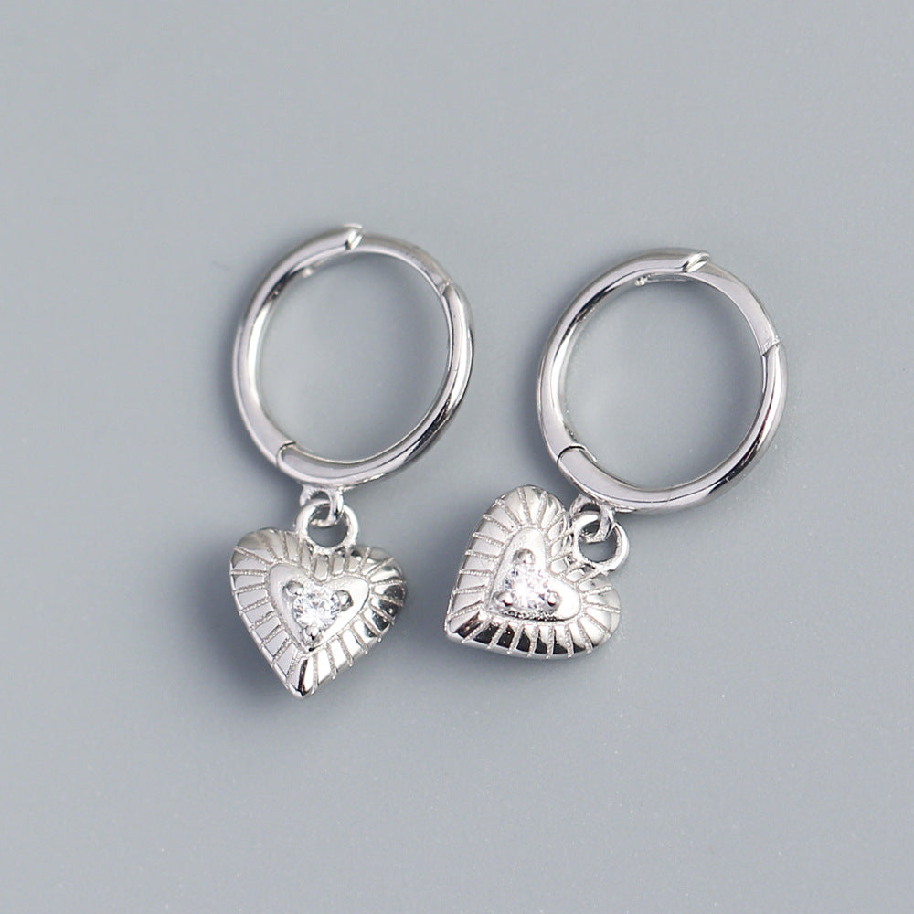 Minimalist Heart-Shaped S925 Sterling Silver Stud Earrings with Rhinestone Inlay for Women