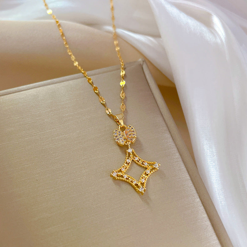 Minimalist Square Titanium Steel Micro-Paved Necklace for Women Delicate Clavicle Chain