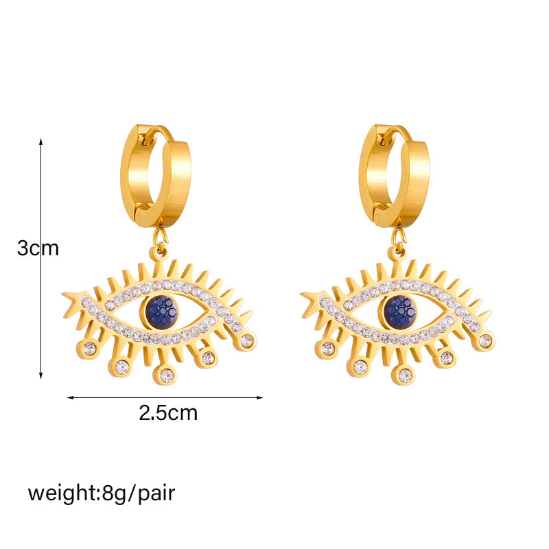 Fashionable Vintage Evil Eye Earrings with Rhinestone Inlay in Titanium Steel with Hollow Design for Women
