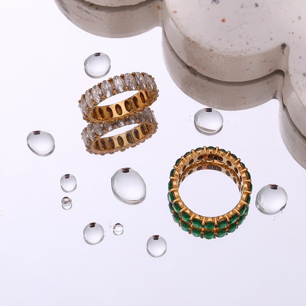 Anillo ovalado chapado en acero inoxidable minimalista de moda para mujer con acento de circonita