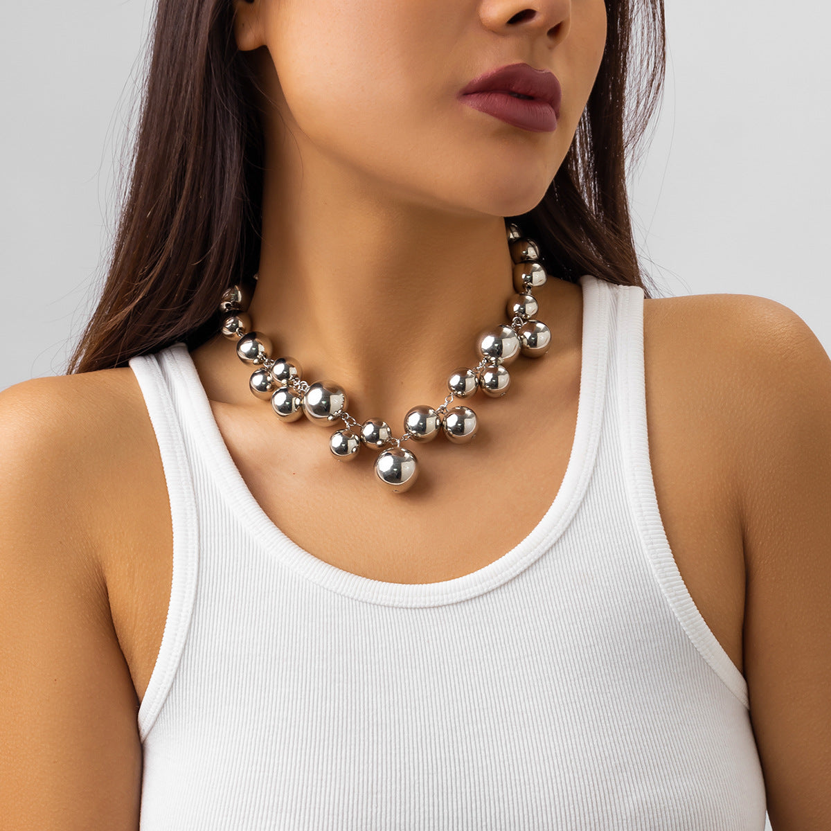 Minimalist Geometric Pendant Necklace for Women with Imitation Pearl Drop and Electroplated Metal Ball Tassels on Beaded Chain
