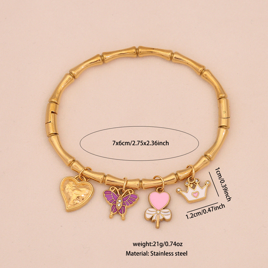 Bracciale personalizzato in acciaio inossidabile con stella marina, conchiglia e farfalla floreale, con finitura placcata