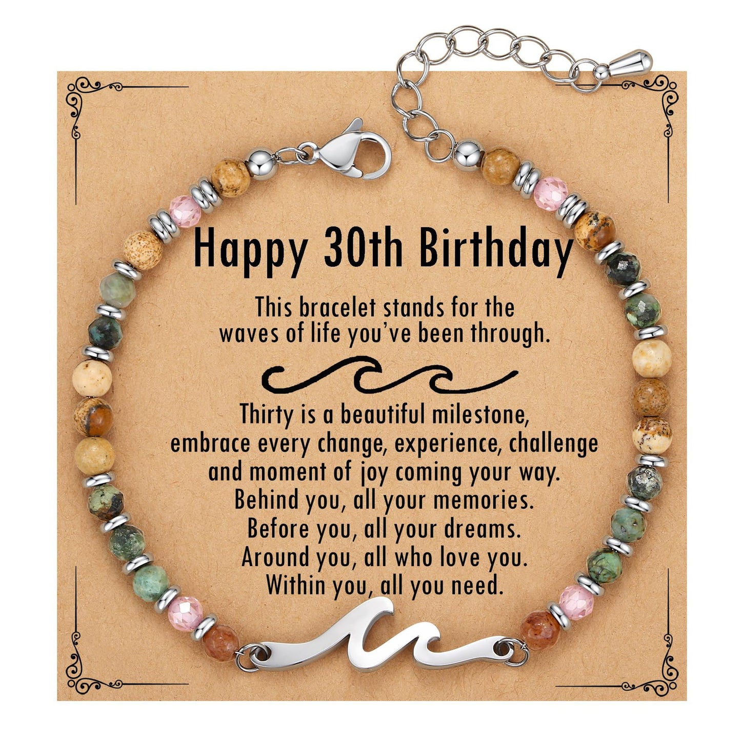 4mm Natural Stone Beaded Stainless Steel Wave Bracelet for Women