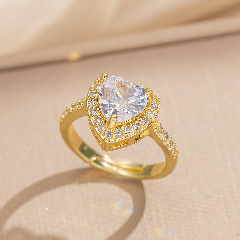 Luxury Minimalist Adjustable Open Ring for Women with Gold-Plated Copper Band and Zircon Stone Accent in Heart and Floral Shape
