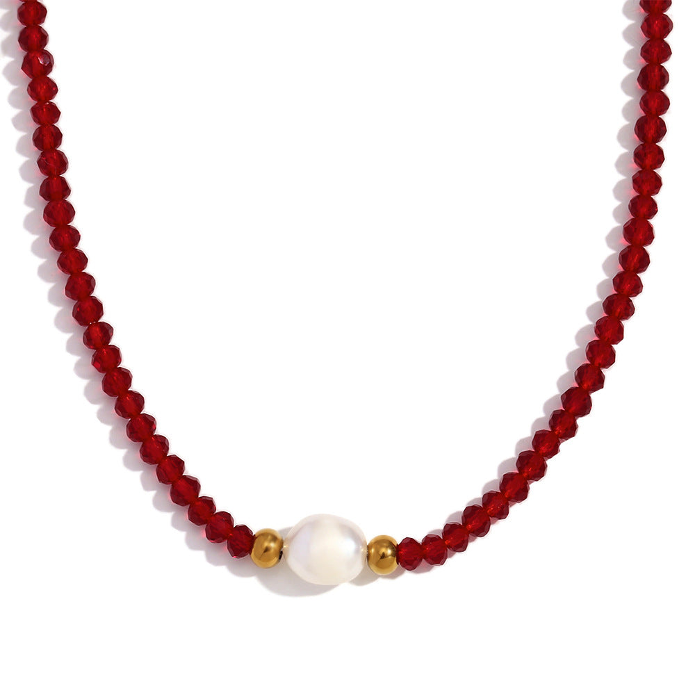 Collar con colgante vintage minimalista geométrico de acero inoxidable con perlas de agua dulce y cuentas de cristal oscuro para mujer