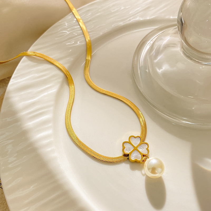 Elegant Gold Plated Four-Leaf Clover Pearl Tassel Necklace Titanium Steel Unisex