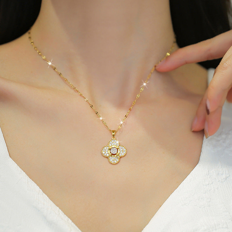 Luxury Titanium Steel Micro-Pave Four-Leaf Clover Necklace and Earrings Set for Women, Geometric Design, Plated Finish, Elegant Evening Wear