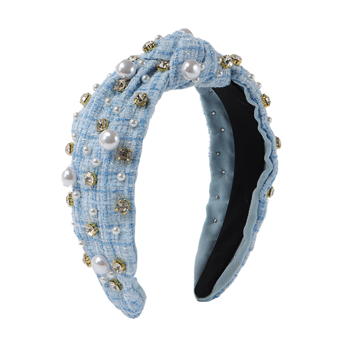 Cerchietto in Tessuto Dolce-Audace con Strass e Impreziosimenti in Perle Sintetiche, Design a Linee Geometriche, Fascia Larga con Nodo, Accessorio per Capelli da Donna