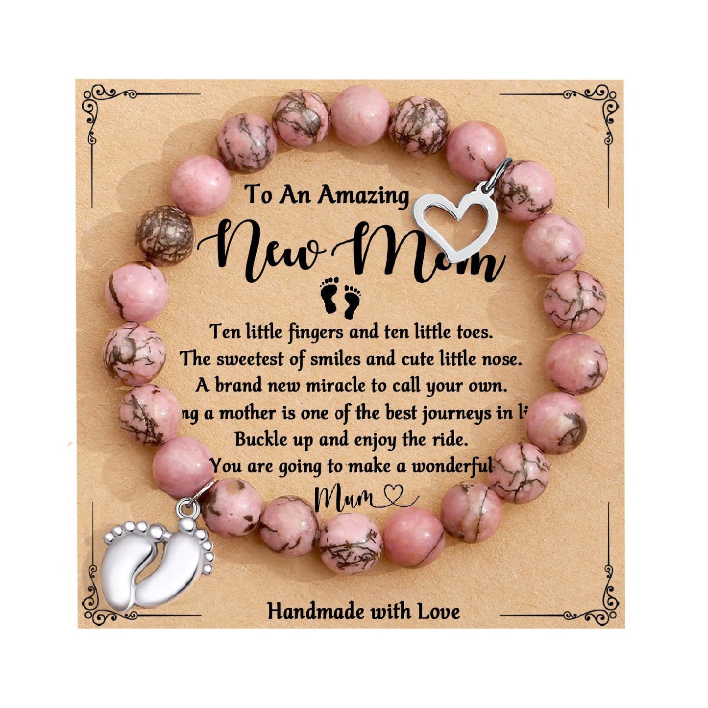 8mm Pink Zebra Agate and Imperial Turquoise Floral Heart Bracelet with Gemstone Inlay Unisex Handmade Jewelry