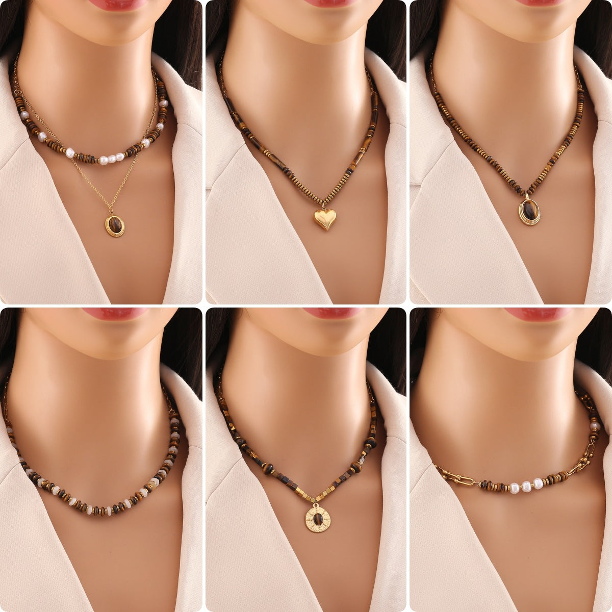 Rustic Vintage Style Heart-Shaped Stainless Steel Beaded Necklace with Double Layer Chain