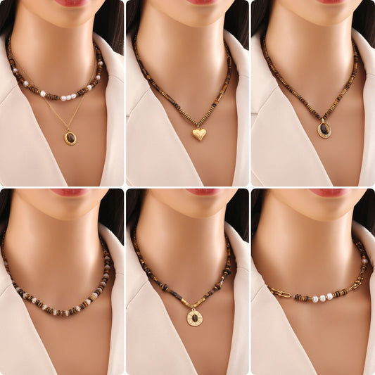 Collar rústico vintage de acero inoxidable con forma de corazón, con cuentas y cadena de doble capa
